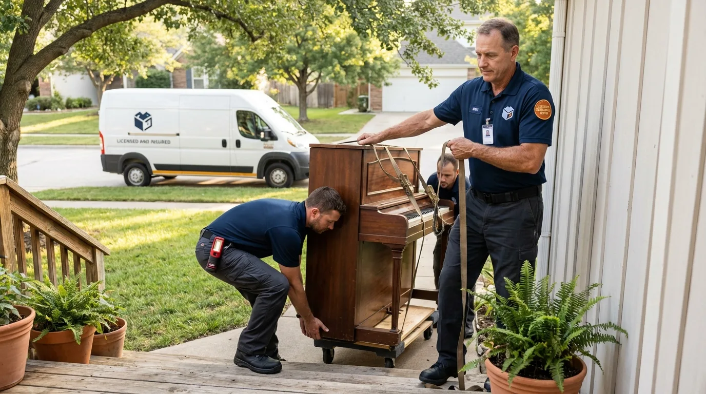 Licensed piano movers securing grand piano in Norco, LA