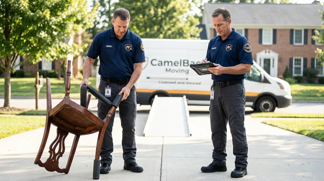 Movers inspecting furniture for damage prevention before loading in Norco, LA