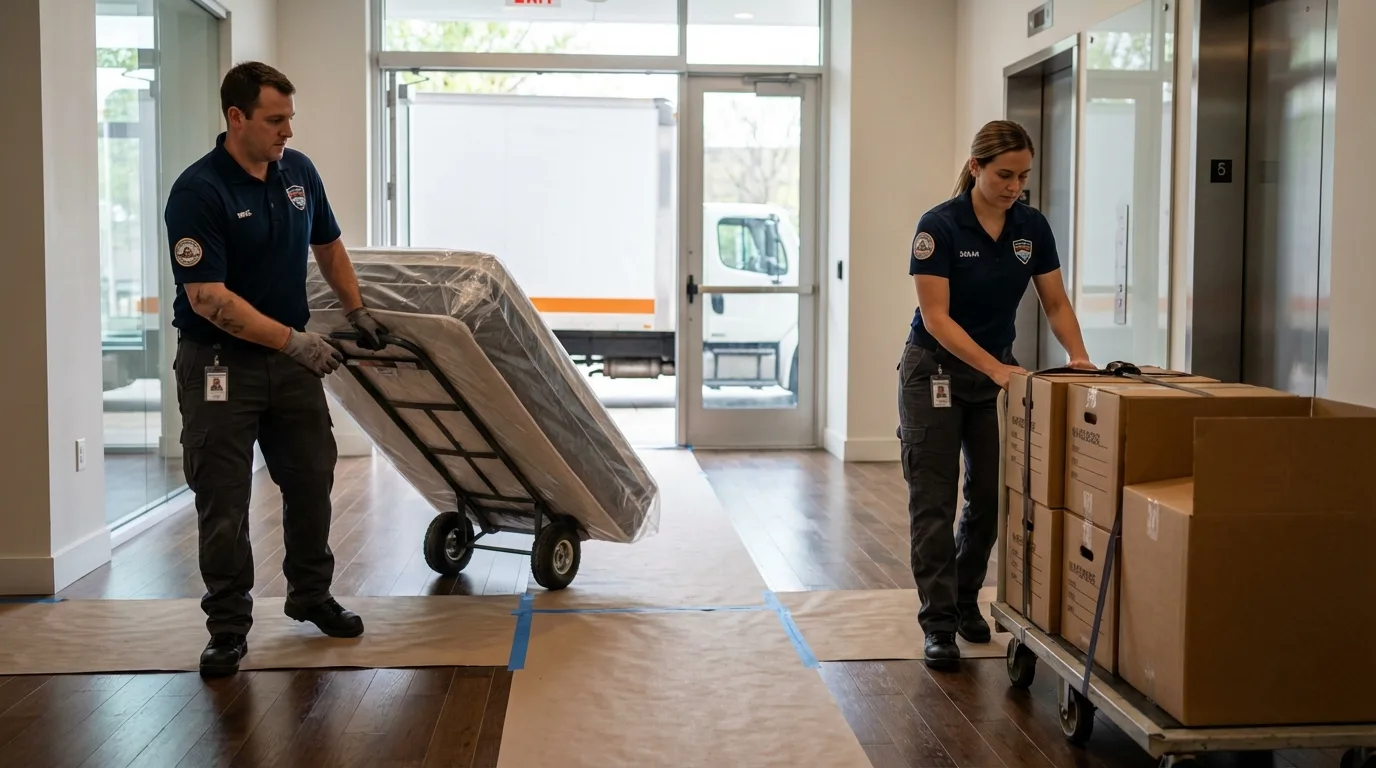 Professional apartment movers loading elevator in Norco, LA